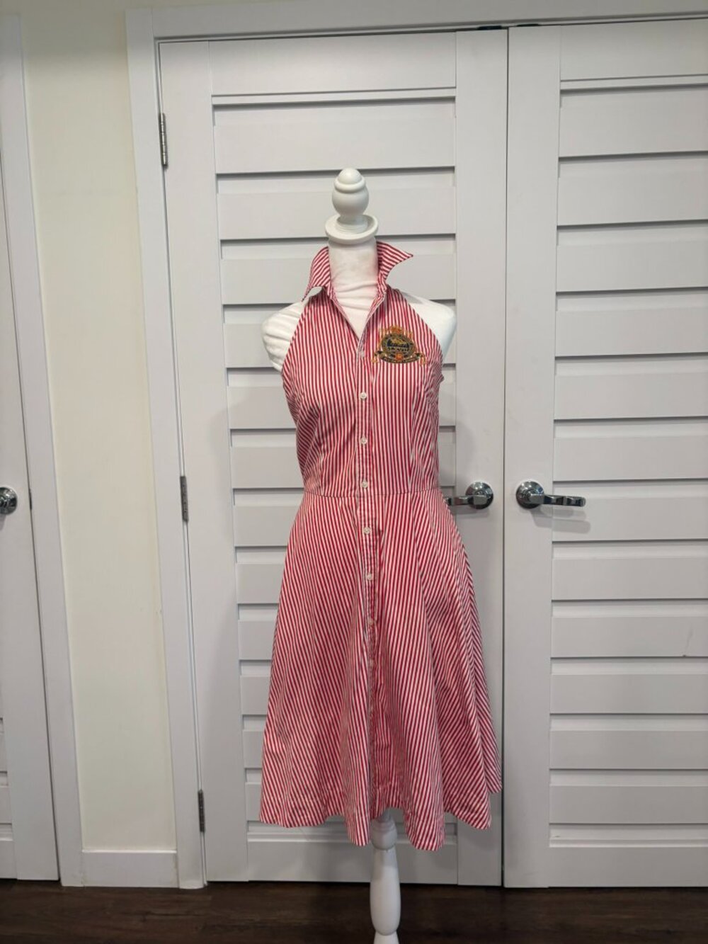 Vintage Ralph Lauren Red White Striped Halter Shirt Dress Crest XS S - Picture 4 of 12